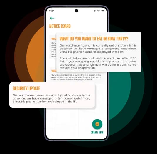 Resident360 notice board app screens