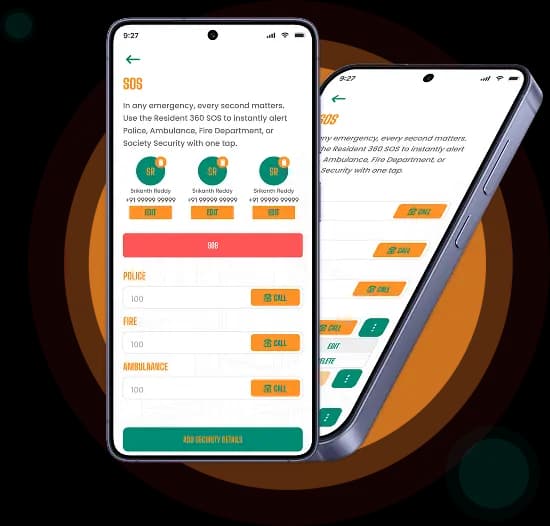 Resident360 SOS and emergency app screens